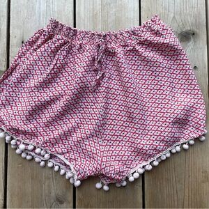 Pink Patterned Women's Shorts with Pom-Pom Trim